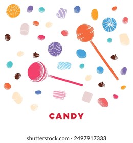 Hand drawn vector candies. Lollipops, gum, marshmallow with chocolate, vanilla, coffee, caramel and fruit flavors. Easy to edit and use vector food assets. Each vector is one united shape.