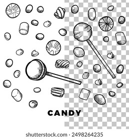 Hand drawn vector candies. Lollipops, gum, marshmallow with chocolate, vanilla, coffee, caramel and fruit flavors. Easy to edit and use vector food assets. Black outline, no fill, with fine details. 