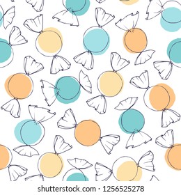 Hand drawn vector candy outline with blue and yellow circles seamless pattern on the white background. Easter holiday decoration in pastel colors for wrapping paper or textile.