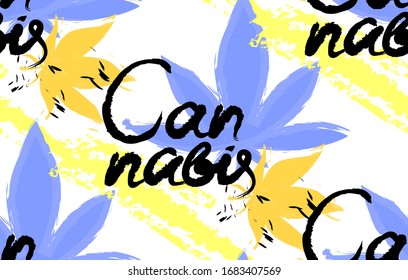 Hojas de cannabis vector dibujadas a mano con caligrafía. Patrón veraniego colorido e inexorable