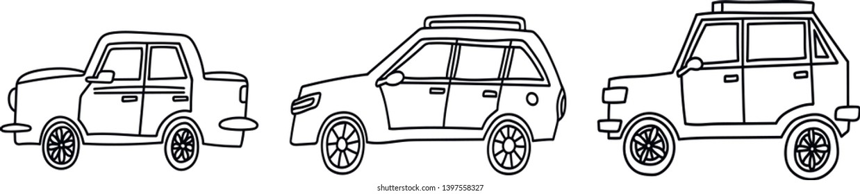 Hand drawn vector car set. Cute isolated doodle illustration.
