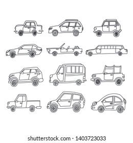 Conjunto de camiones vectoriales dibujados a mano. Cuta ilustración aislada del doodle. Diferentes tipos de automóviles.