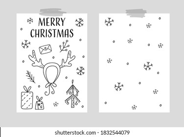 Hand drawn Vector card with antler, gift boxes, christmas tree. Merry Christmas card.