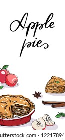 Hand drawn vector card with apple pies, apples and hand lettered sign