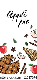 Hand drawn vector card with apple pies, apples and hand lettered sign