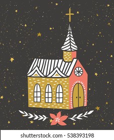 Hand drawn vector card with the Catholic temple and starry sky. Christmas print design.