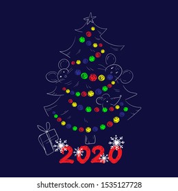 Hand drawn vector card for Christmas and New Year.
Vector layout with Christmas tree,mouse,gifts,snowflakes and christmas lights.
Christmas design for print, decoration.
