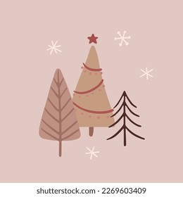 Tarjeta vectorial dibujada a mano con árboles de Navidad.