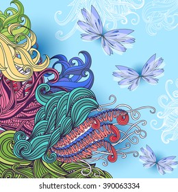 Hand drawn vector card with doodle elements and butterflies. Abstract spring background.