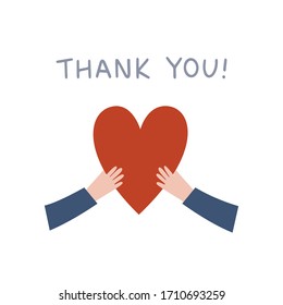 Hand drawn vector card with hands holding heart and thank you phrase isolated on white background. Concept of gratitude to medical workers during the coronavirus pandemic, volunteer center