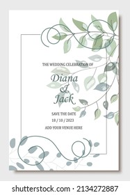 Handgezeichnete Vektorkarte mit Blättern. Botanisches Design für Banner, Hochzeit, Poster, Einladung, Cover, Plakat, Broschüre, Header.