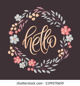 Hand drawn vector card with lettering text Hello in textured floral wreath