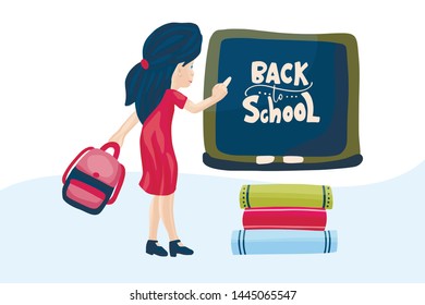 Hand drawn vector card and lettering quote. Cute cartoon art. Study flat illustration. The girl writes the phrase at school on the blackboard. Back to school.