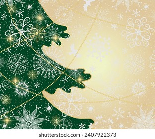 Hand drawn vector card with New Year and Christmas tree with white snowflakes and stars on a golden gradient background and place for your text