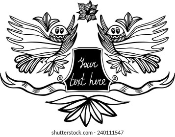 Hand drawn vector card with pair of bird for your text. Black and white.