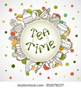 Hand drawn vector card poster with lettering and accessories for tea.