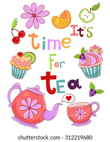 Hand drawn vector card poster with tea cups, teapot,cupcakes.
