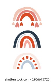 Hand drawn vector card with rainbow in flat vintage style. Poster for Valentine’s Day, romantic holidays, women’s day and decorative design. Vector illustration, love and romance symbols