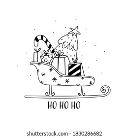 Hand drawn Vector card with santa claus sleigh, gift boxes, christmas tree. Scandinavian style. Holiday card, hand drawn background.