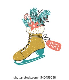 Hand drawn vector card with skate and  winter christmas bouquet . Christmas print design.