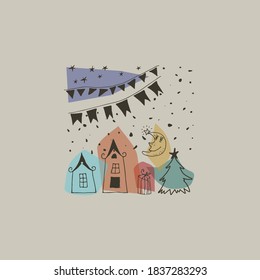 Hand drawn vector card or sticker for the festive party with shapes of moon, stars, houses , tree, flag, 
