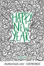 Hand drawn vector card template - Happy New Year! -  for Christmas cards and decor, isolated on white background. Phrase vector overlay with .