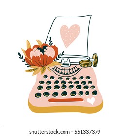 Hand drawn  vector card with typewriter and heart. Scandinavian style illustration, love design for valentine's day.