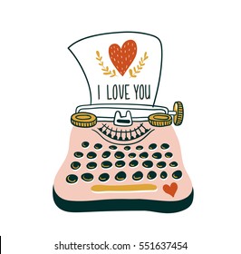 Hand drawn  vector card with typewriter and heart. Scandinavian style illustration, love design for valentine's day.