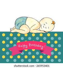 Hand drawn vector card with watercolor baby boy on polka dot background. May be used as an invitation, greeting card, cover, package.