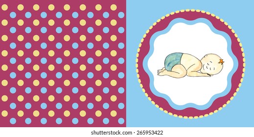 Hand drawn vector card with watercolor baby boy on polka dot background. May be used as an invitation, greeting card, cover, package.