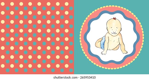 Hand drawn vector card with watercolored baby boy on polka dot background. May be used as an invitation, greeting card, cover, package.