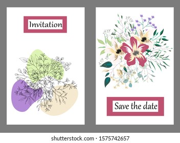Hand drawn vector cards. Botanic  Design for banner, wedding, poster, invitation, cover, placard, brochure, header.