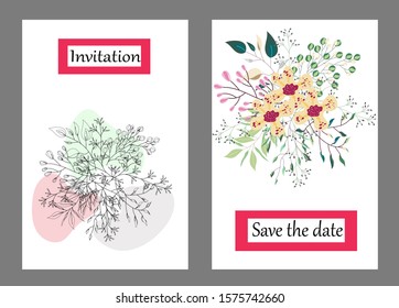 Hand drawn vector cards. Botanic  Design for banner, wedding, poster, invitation, cover, placard, brochure, header.
