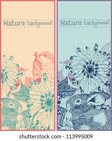 hand drawn vector cards with flowers,birds and animals