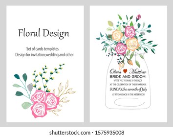 Hand drawn vector cards with flowers,leaves. Botanic  Design for banner, wedding, poster, invitation, cover, placard, brochure, header.