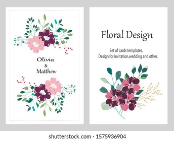 Hand drawn vector cards with flowers,leaves. Botanic  Design for banner, wedding, poster, invitation, cover, placard, brochure, header.