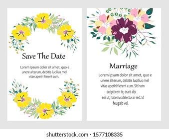 Hand drawn vector cards with flowers,leaves. Botanic  Design for banner, wedding, poster, invitation, cover, placard, brochure, header.