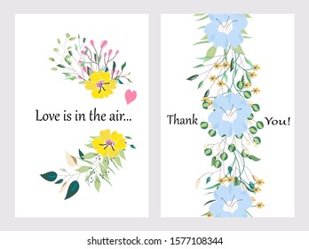 Hand drawn vector cards with flowers,leaves. Botanic  Design for banner, wedding, poster, invitation, cover, placard, brochure, header.
