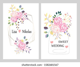 Hand drawn vector cards with flowers,leaves. Botanic  Design for banner, wedding, poster, invitation, cover, placard, brochure, header.