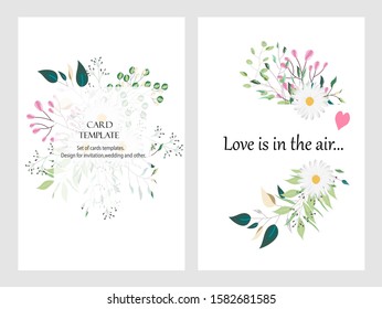 Hand drawn vector cards with flowers,leaves. Botanic  Design for banner, wedding, poster, invitation, cover, placard, brochure, header.