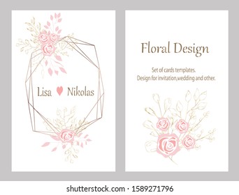 Hand drawn vector cards with flowers,leaves and geometric. Botanic  Design for banner, wedding, poster, invitation, cover, placard, brochure, header.