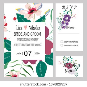 Hand drawn vector cards with flowers,leaves. Botanic  Design for banner, wedding, poster, invitation, cover, placard, brochure, header.