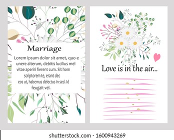 Hand drawn vector cards with flowers,leaves. Botanic  Design for banner, wedding, poster, invitation, cover, placard, brochure, header.