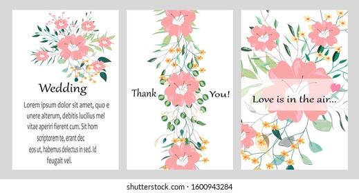 Hand drawn vector cards with flowers,leaves. Botanic  Design for banner, wedding, poster, invitation, cover, placard, brochure, header.