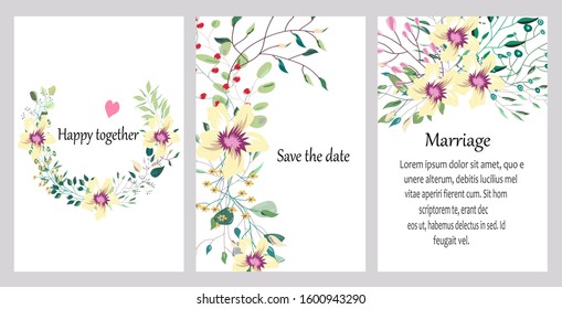 Hand drawn vector cards with flowers,leaves. Botanic  Design for banner, wedding, poster, invitation, cover, placard, brochure, header.