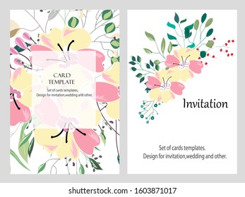 Hand drawn vector cards with flowers,leaves. Botanic  Design for banner, wedding, poster, invitation, cover, placard, brochure, header.