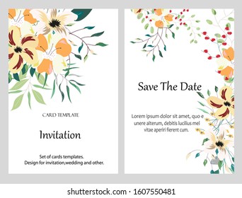 Hand drawn vector cards with flowers,leaves. Botanic  Design for banner, wedding, poster, invitation, cover, placard, brochure, header.
