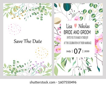Hand drawn vector cards with flowers,leaves. Botanic  Design for banner, wedding, poster, invitation, cover, placard, brochure, header.