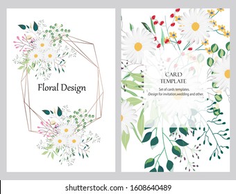 Hand drawn vector cards with flowers,leaves and geometric. Botanic  Design for banner, wedding, poster, invitation, cover, placard, brochure, header.