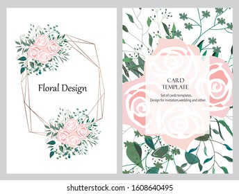Hand drawn vector cards with flowers,leaves and geometric. Botanic  Design for banner, wedding, poster, invitation, cover, placard, brochure, header.